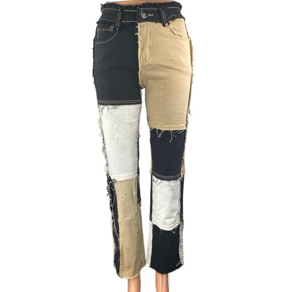 Womens Black Beige Colorblock Patchwork Frayed High Rise Straight Denim Jeans XS - Picture 1 of 5